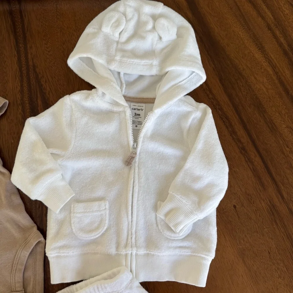 Carter’s Baby Neutral Tan Bodysuit, White Terry Cotton Sweat Set Size 3M